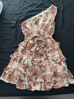 She + Sky One-Shoulder Ruffle Tiered Dress in Rust and White